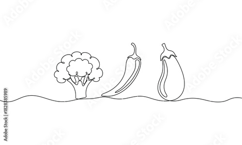 Continuous line drawing of vegetables broccoli pepper and eggplant