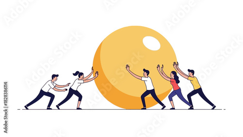 Collaborative Business Team Pushing a Huge Sphere Forward. Symbolizing Teamwork, United Effort, and Overcoming Project Challenges.