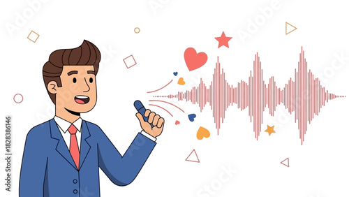 Confident Man Speaking into Mic, Broadcasting Voice Wave and Positive Emotional Message