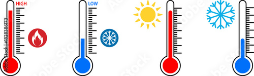 Thermometers showing hot and cold temperatures with weather symbols