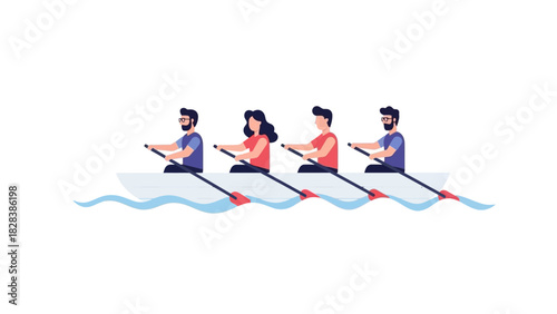 Business Team Synchronization: Four People Rowing a Boat Together. Corporate Teamwork and Strategy Concept. Flat Vector Illustration.