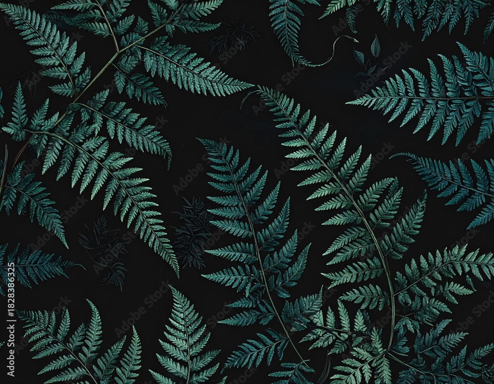 Fototapeta premium Lush fern fronds on dark background a natural and calming botanical composition for wellness and beauty concepts.