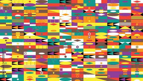 A vibrant and dynamic abstract mosaic pattern featuring a kaleidoscope of geometric shapes and colors, creating a visually stimulating texture