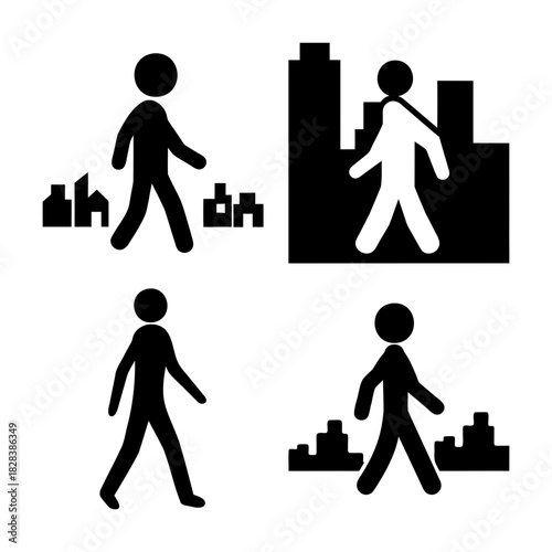 Pedestrian walking stick figures in city and simple settings