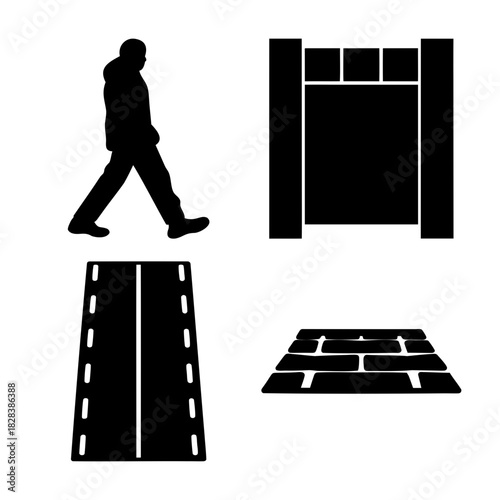 Abstract icon set: walking person, gate, road, brick block