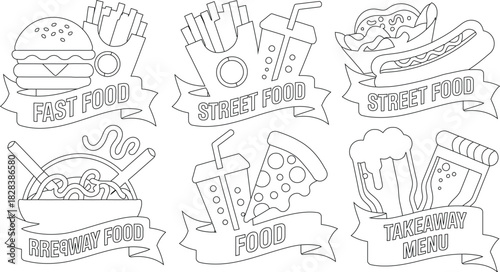 Outlined Fast Food Icons Burger, Fries, Hotdog, Noodles, Pizza, Beer, on Ribbons. Graphics
