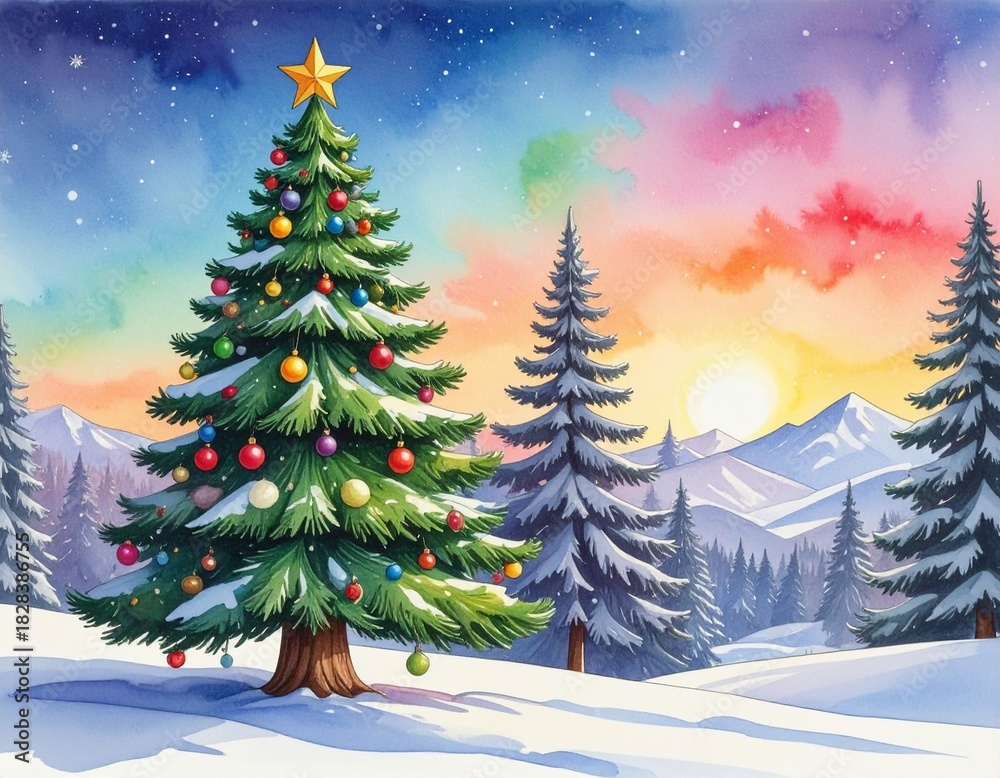 Obraz premium Christmas Watercolor Illustration of Snowy Landscape with Christmas Trees and Colorful Sunset or Sunrise Sky.