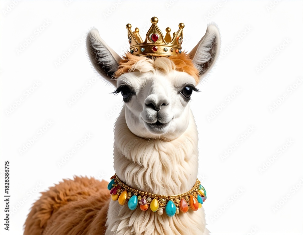 Naklejka premium Majestic Llama with Crown and Jewelry on White Background for Creative Concepts.