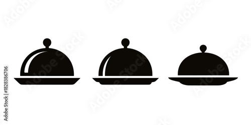Three black serving cloche icons with different designs on a white background