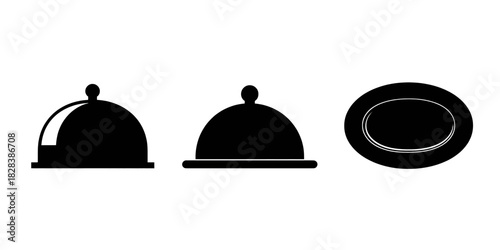 Three black silhouettes of two restaurant cloches and one oval plate icon on white