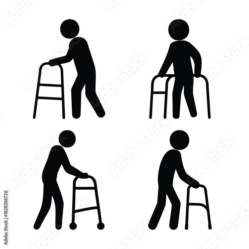 Elderly stick figures with walkers, portraying mobility aid