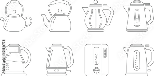 Outlined Illustration of Eight Kettles Depicting a Variety of Styles and Designs for Boiling Water