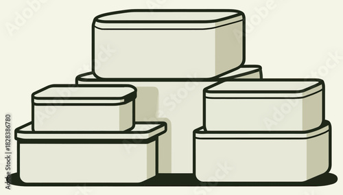 Minimalist illustration of several stacked storage boxes in neutral colors