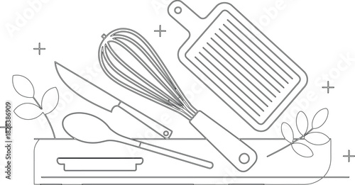Outlined Kitchen Utensils Arrangement Whisk, Cutting Board, Knife, Spoon and Decorative Leaves