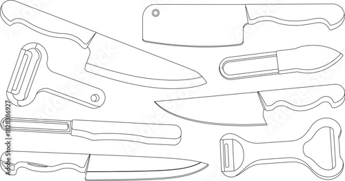 Outlined Kitchen Utensils Assortment of Knives and Peelers Culinary Tools Illustration