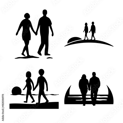 Stylized silhouettes of couples walking on horizon and land