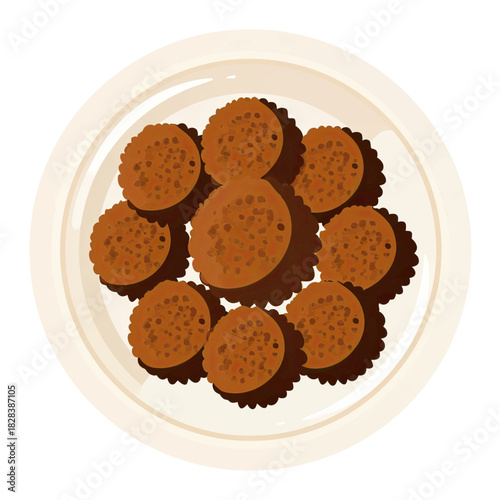 Overhead view of a round white plate filled with nine brown, textured fritters