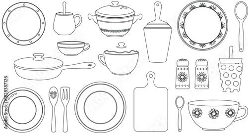 Outlined Kitchenware Dishes, Pots, Cups, Utensils, Cutting Board, and Salt Shakers Illustration