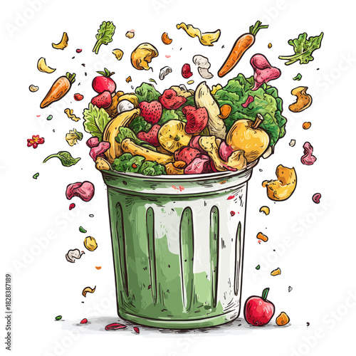 An illustration of a green trash can overflowing with colorful organic fruit and vegetable waste