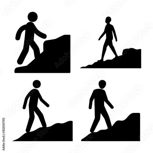 Silhouettes of people walking up hills, symbolizing progress