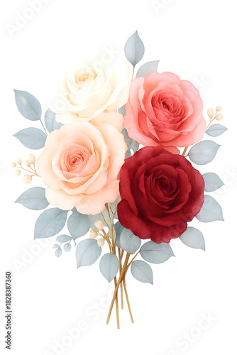 Rose branch with budding pink flowers and lush green foliage.