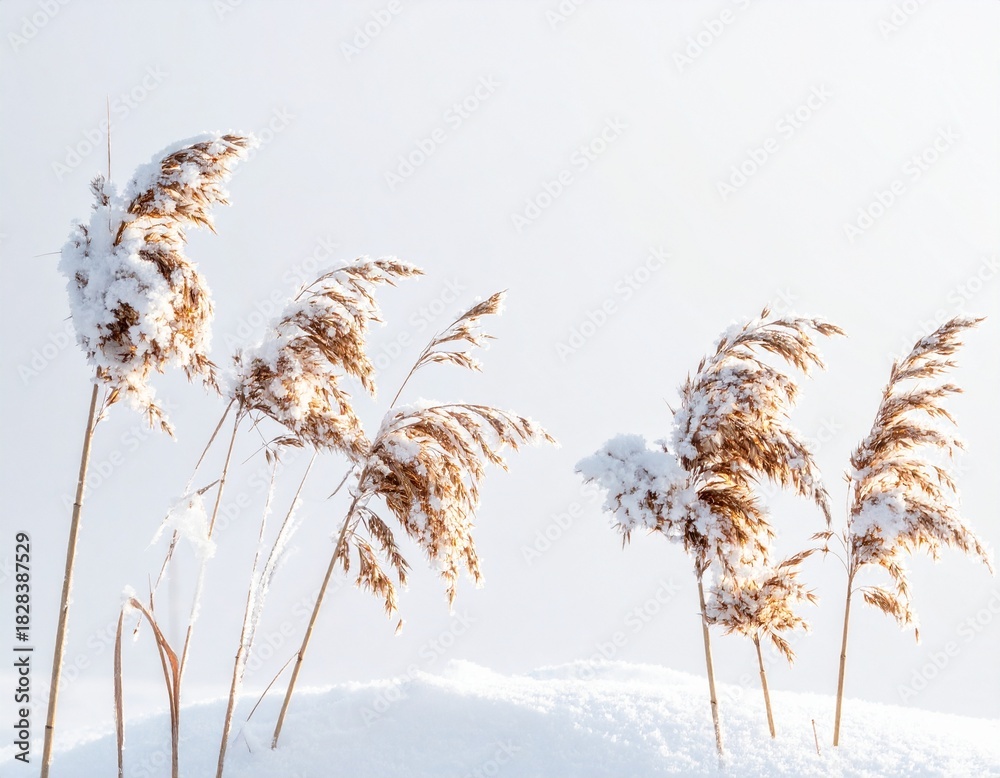 Obraz premium Winter Reeds Against a Soft Background Delicate Beauty in Snow Serene Outdoor Scene Natural Winter Wonder.