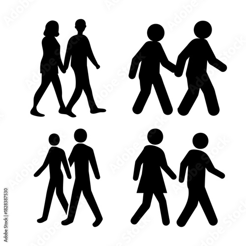 Pairs of human figures walking, holding hands, and together