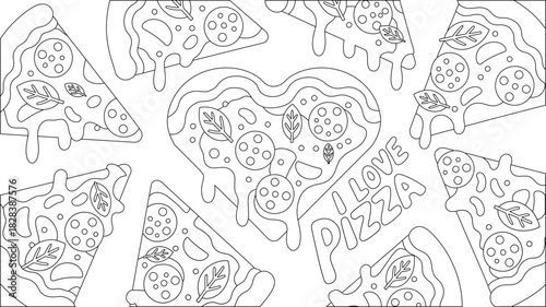 Outlined Pizza Slices with Toppings and HeartShaped Pizza Featuring the Words I Love Pizza