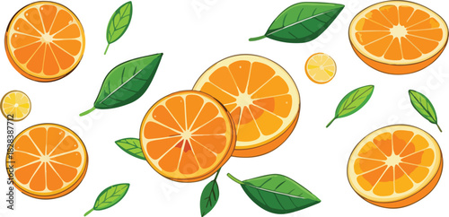 Orange slices and leaves isolated on, a refreshing pattern