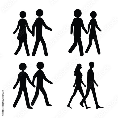 Walking people silhouettes, diverse couples moving forward