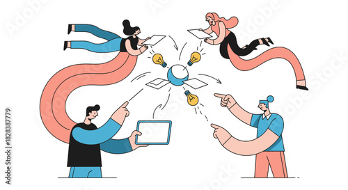 Dynamic Team Collaboration: Modern Illustration of Brainstorming, Strategy Development, and Idea Generation Flow