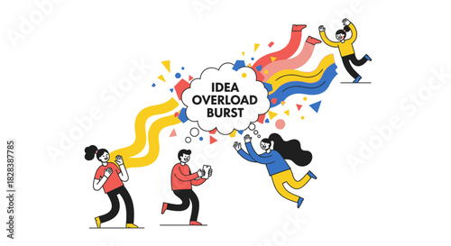 Idea Overload Burst: Flat Design Illustration of Excitement and Creative Energy Explosion with People Reacting