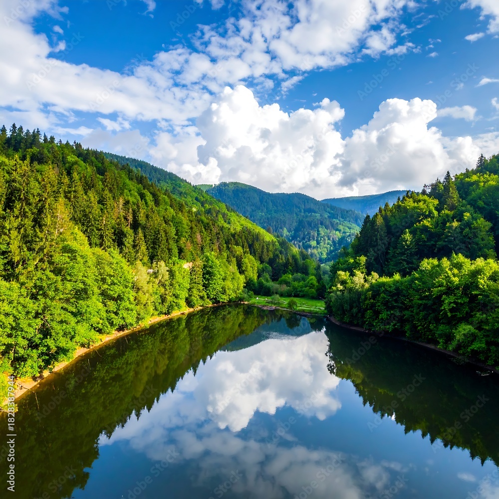 Fototapeta premium Scenic landscape featuring a river reflecting the cloudy sky