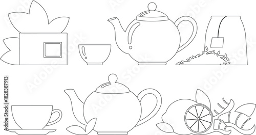 Outlined Tea Set with Teapots, Cups, Tea Box, Loose Tea, Teabag, and Lemon
