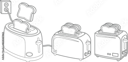 Outlined Toaster Illustration with Bread in Various Stages of Toasting and Electrical Outlet