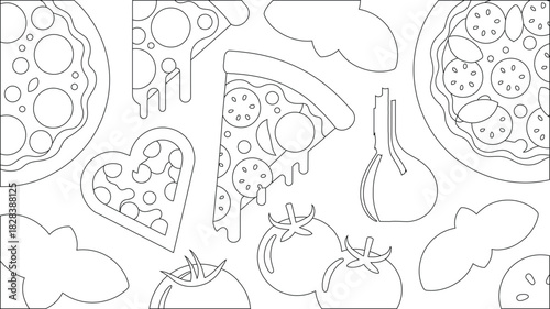 Pizza, Tomatoes, and Garlic Outline Illustration HeartShaped, Sliced Pizzas, and Italian Ingredients
