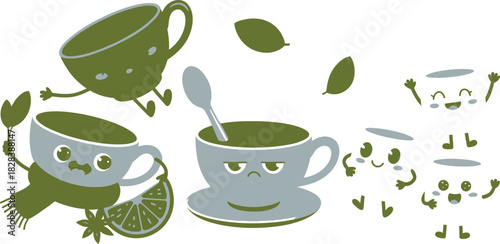 Playful Tea Time Cartoon Cups with Faces, Leaves, Lemon, and Star Anise