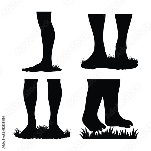 Barefoot legs and feet silhouettes standing in fresh grass