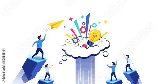 Business Innovation Team Launching Startup Ideas. Creative Collaboration and Success Platform Concept Vector Illustration.