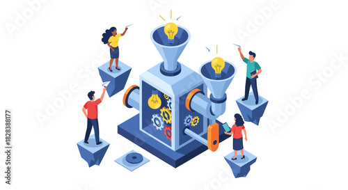 Innovation Pipeline Concept: Diverse Team Collaboration Feeding Ideas into a Strategy Machine for Successful Output and Growth.