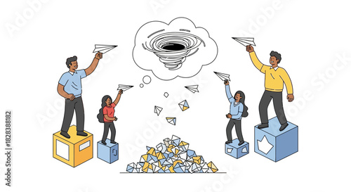 Communication Crisis and Email Overload: Diverse Team Sending Messages into a Data Vortex of Unread Mail.