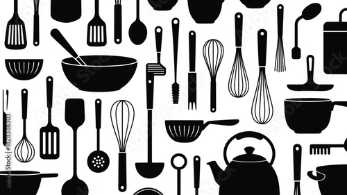 Seamless Black and White Kitchen Utensils Pattern Featuring Whisk, Spatula, and Bowl Silhouettes on White