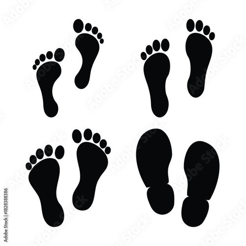 Diverse human footprints and shoe prints black silhouette