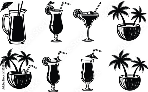 Black and White Silhouettes of Tropical Summer Cocktails, Coconut Drinks, and Exotic Beach Beverages with Palm Trees Vector Illustration Set.