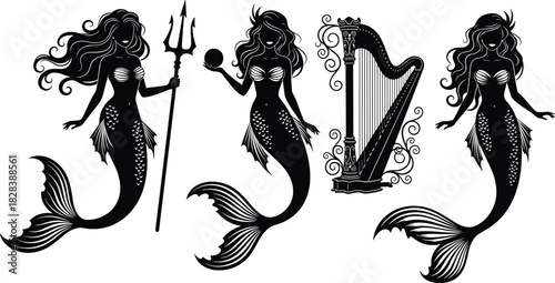 Black and White Silhouette Set of Beautiful Mermaids Holding Trident and Pearl, Along with a Decorative Ornate Harp, Isolated Fantasy Vector Illustration.