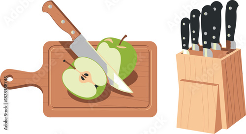 Sliced Green Apple on Cutting Board with Knife and Knife Block Illustration