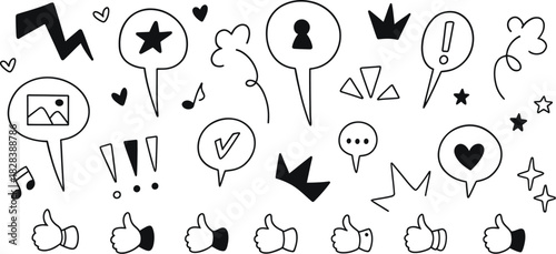 Cute line doodle social media like icons. Handwriting speech bubbles, text boxes, like, feedback, follow, subscribe illustrations. Kid, children party, birthday, anniversary invitation black and white