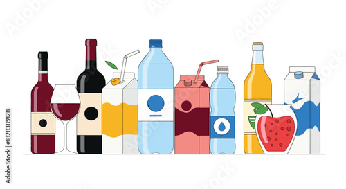 A diverse collection of refreshing beverages, including wine, juices, water, and milk, neatly arranged in various containers.