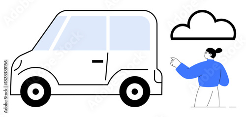 Compact car alongside a woman gesturing toward a cloud. Ideal for travel, modern transportation, vehicle innovation, cloud technology, connectivity, eco-automobile concepts, and simple flat metaphor