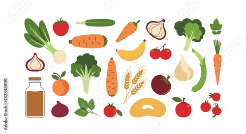 An assortment of fresh and healthy produce, including vegetables, fruits, and grains, displayed in a vibrant pattern.